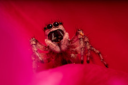 A small spider in pollen, hiding in the petals of a red rose