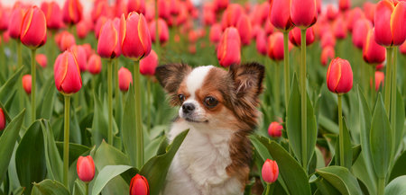 chihuahua portrait in red tulips fieldの写真素材