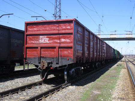 Several rail cars are transported by rail.のeditorial素材