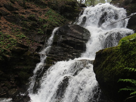 Small cascading waterfall Shypit in the Ukrainian Carpathians.の写真素材