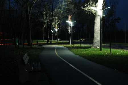 Beautiful park at night: benches and lights.の写真素材