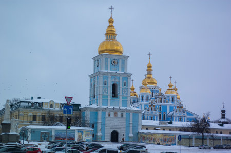 Kiev, Ukraine - 28 of February, 2018: Many cars in a snow-capped city.のeditorial素材