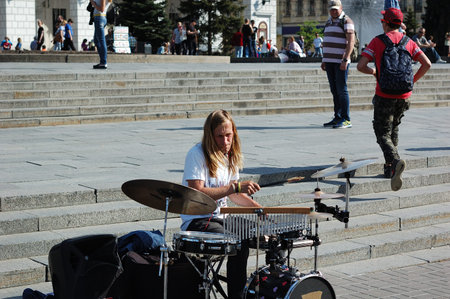 Kiev, Ukraine - 01 of May, 2018: The guy plays the drums in the city center.