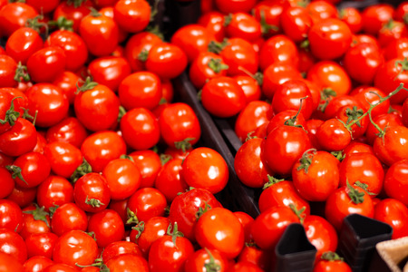 A lot of tomatoes in boxes in the store.の写真素材