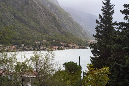 View of the sea, mountains and coastline near Kotor, Montenegroの写真素材