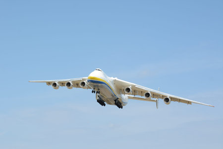 Hostomel (Gostomel), Ukraine - 24 of August, 2022: AN-225 Antonov Mriya departed from the Kyiv-Antonov-2 International Airport to perform commercial cargo shipping flight. AN-225 is the world's largest transport aircraft.のeditorial素材