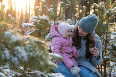 Mother and baby enjoying hot tea from a thermos in a snowy forestの写真素材