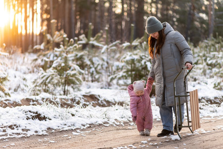 Mother walking in snowy forest with daughter in pink snowsuit and sledの写真素材
