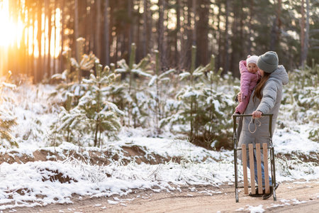 Mother walking in snowy forest with daughter in pink snowsuit and sledの写真素材