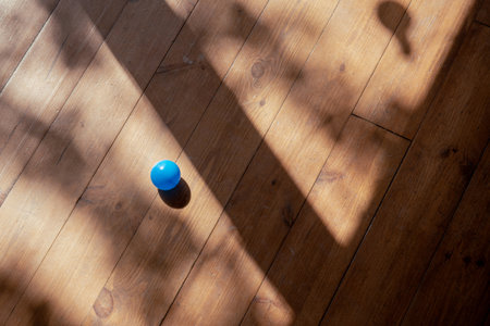 A bright blue plastic ball lies on a wooden floor illuminated by sunlight, casting strong shadows with a warm natural glow.の写真素材