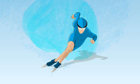 A young athlete wearing a helmet in sports equipment on roller skates on an abstract blue backgroundのイラスト素材