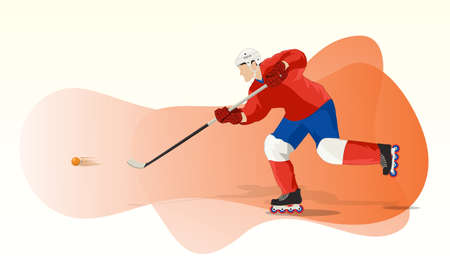 An athlete in a red and blue uniform, helmet, protective gloves and roller skates hits the ball with a stick. Abstract orange background.のイラスト素材
