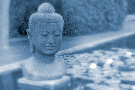 Buddha statue in the garden, blue toned with blurred background.の写真素材