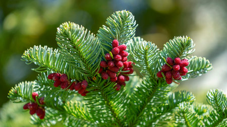 Fir branches with red berries on a blurred background, close-upの写真素材