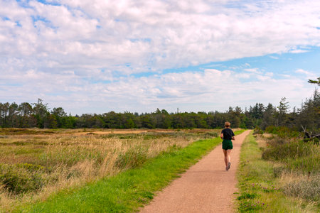 A woman jogging along a country road on a sunny day.の写真素材