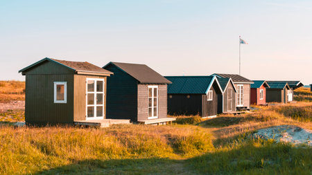 Beach huts on the Baltic Sea coast of Denmarkの写真素材