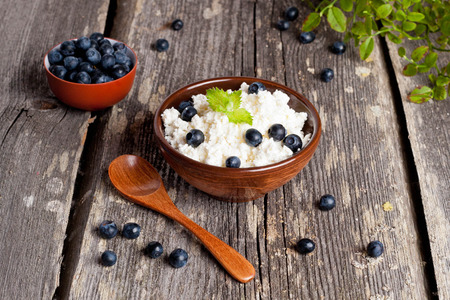 cottage cheese with blueberry  and mint  for breakfast closeupの写真素材