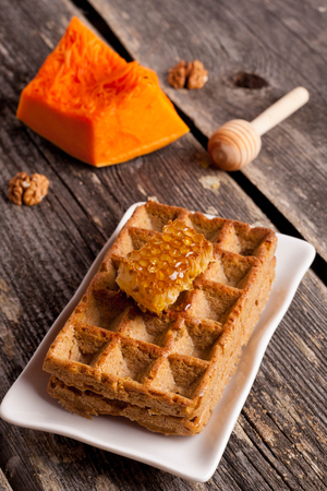 Whole wheat Pumpkin Waffles, vertical, close upの写真素材