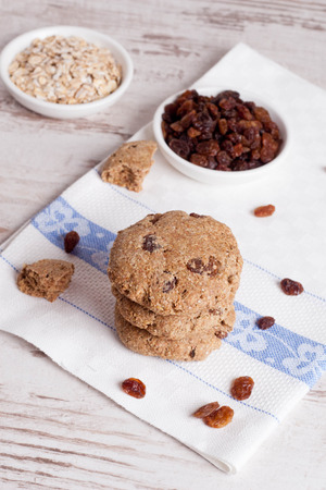 homemade oatmeal cookies with raisins, vertical, close upの写真素材