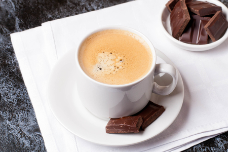 freshly made espresso shot with chocolate, horizontal, close up, top viewの写真素材