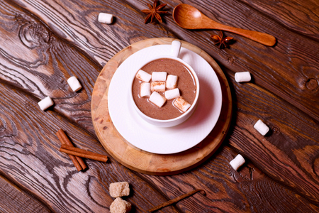 hot chocolate with marshmallows and spice, top view, close up, horizontalの写真素材