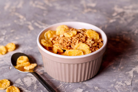 granola and corn flakes, horizontal, close up