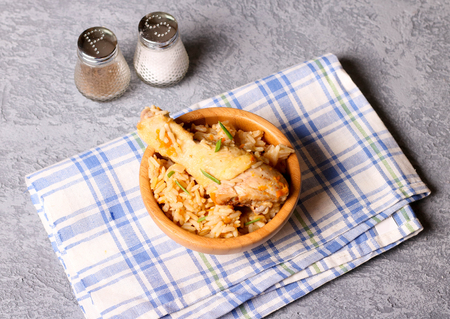 Chicken biryani/Hyderabadi Biriyani/ fried rice and chilli chicken curry, Kerala India. Popular traditional dish/food made using basmati/saffron/jasmine rice, various other exotic Indian spices/masala, horizontalの写真素材