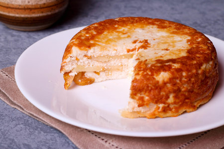 Apple pie with cottage cheese cream, close up, horizontalの写真素材