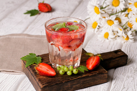 Glasses of refreshing drink on table, close up, horizontalの写真素材