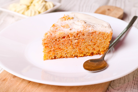 Piece of carrot cake, close up, horizontalの写真素材