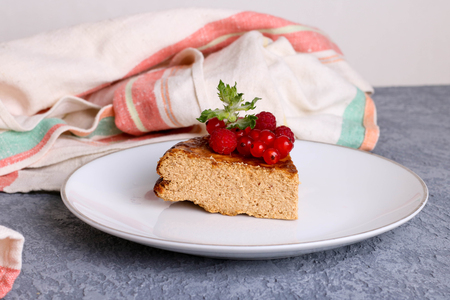 Cottage cheese bake cake casserole with berries, close up, horizontalの写真素材