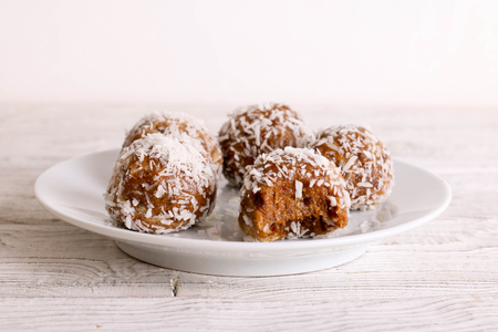 Truffles - classic no bake Chocolate coconut balls, close up, horizontalの写真素材