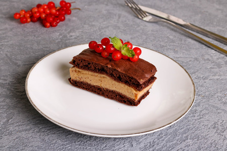Chocolate souffle cakes, decorate red currants on a white plate, close up, horizontalの写真素材