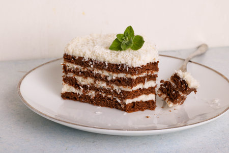 Chocolate cake with white cream and shredded coconut on a white plate, close up, horizontal