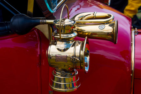 AUCKLAND, NEW ZEALAND - FEBRUARY 12, 2017:  Ellerslie Classic Car Show. 1912 Sunbeam headlight and...