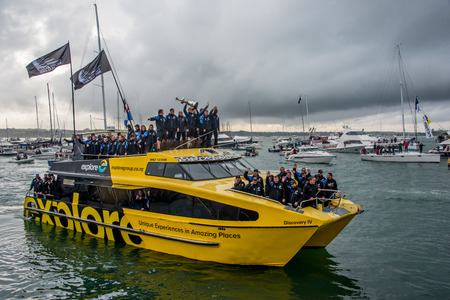 AUCKLAND, NEW ZEALAND - JULY 6, 2017: After the welcoming parade Team New Zealand took the Auld Mug America's Cup Trophy onto the water, to make their victory lap of Auckland's harbour.のeditorial素材