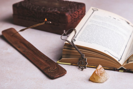 Incense and ritual accessories on a white background. Occultism concept.