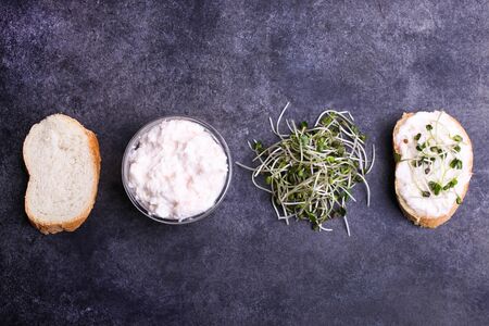 Toasts with cream and radish microgreen on a black background.の写真素材