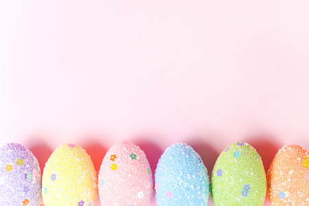 Painted Easter eggs on a pink background.
