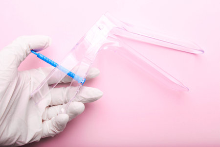 Disposable gynecological speculum in a female hand on a pink background.