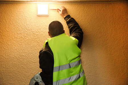 Electrician changes the light bulb in the entrance.