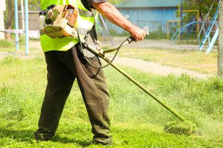 Mower with a brushcutter. Mowing grass.