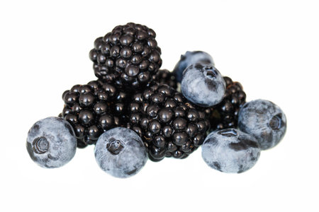 Blueberries and blackberries isolated on white background.の写真素材