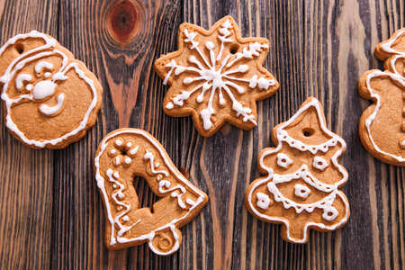 Gingerbread cookies decorated with icingの写真素材