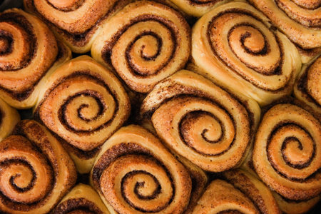 Freshly baked cinnabon buns with cinnamon.