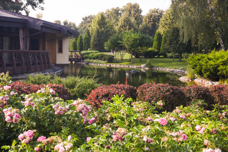 Beautiful flower bed on the lake. Landscaping of the estate.の写真素材