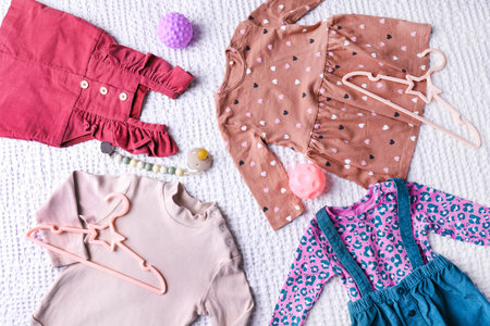Baby girl clothes with pacifier and toys on white textured background.の写真素材