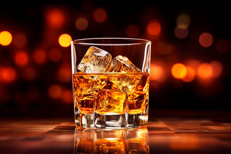 Glass of whiskey with ice cubes on a dark background with bokehの素材