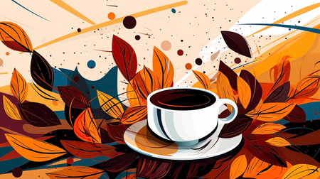 Image in SSTKbold style. Abstract autumn leaves and cup of coffee. Rough lines, simple shapes.の素材