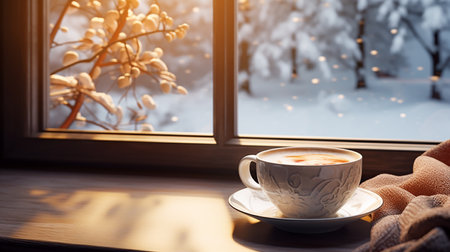 Cup of coffee near the window overlooking the snowy park.の素材
